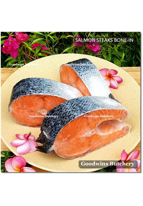 Salmon BONE-IN Atlantic Chile frozen MEDIUM SIZE steak cuts 3/4" 2cm (price/pack 600g 3-4pcs)